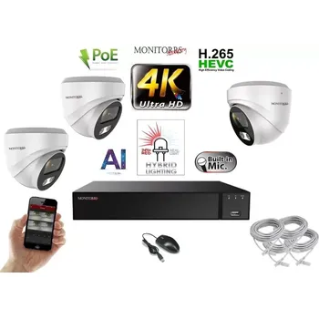Kompletní kamerový systém Monitorrs Security AI Hybrid Light IP 3 kamerový set 8 Mpix WDome (6481K3) (Monitorrs Security)
