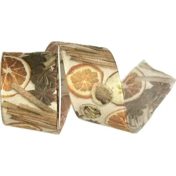 Stuha Stuha vánoční ORANGE CINNAMON krémová 40mm x 2m (14,-Kč/m) (Stuha vánoční, taftová, kvalitní fotopotisk, oboustranná, s vlascem v lemu)