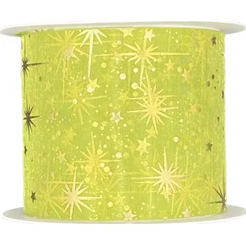 Stuha Stuha vánoční organzová ORGANDY STARS zelená 60mm x 3m (13,-Kč/m) (Vánoční stuha organzová, zlatý potisk hvězdy)