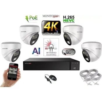 Kompletní kamerový systém Monitorrs Security AI Hybrid Light IP 4 kamerový set 8 Mpix WDome (6481K4) (Monitorrs Security)