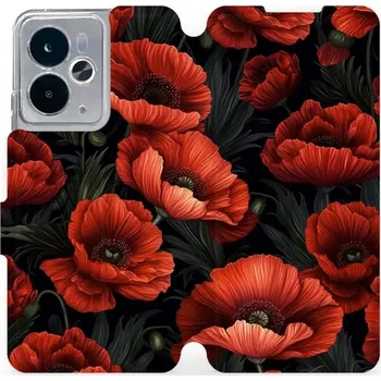 Pouzdro na mobilní telefon Flipové pouzdro Mobiwear - Realme 14T 5G - VP45S Temné červené květy (Knížkové flip pouzdro, obal, kryt na mobil Realme 14T 5G - VP45S Temné červené květy, materiál Umělá kůže + TPU - ochrana 360°, stojánek, silikonová vanička, magnetické zavírání)