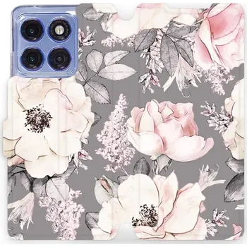 Pouzdro na mobilní telefon Flipové pouzdro Mobiwear - Motorola Edge 60 Pro - MX06S Květy na šedém pozadí (Knížkové flip pouzdro, obal, kryt na mobil Motorola Edge 60 Pro - MX06S Květy na šedém pozadí, materiál Umělá kůže + TPU - ochrana 360°, stojánek, silikonová vanička, magnetick