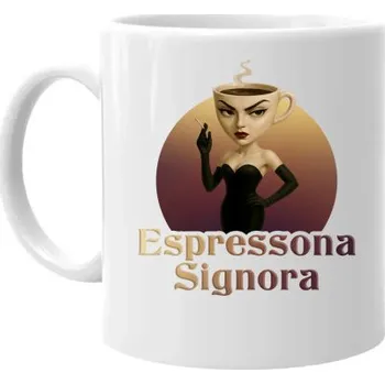 Žertovný předmět Espressona Signora - Italian Brainrot - žena s kávou - hrnek s potiskem- Tričkový.cz