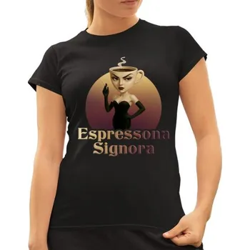 Žertovný předmět Espressona Signora - Italian Brainrot - žena s kávou - dámské tričko s potiskem- Tričkový.cz