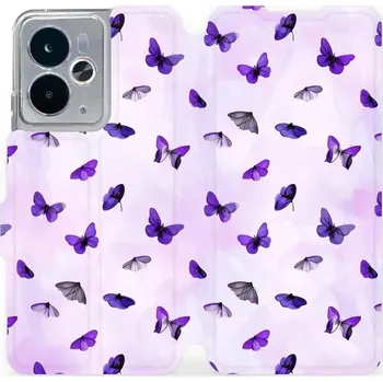 Pouzdro na mobilní telefon Flipové pouzdro Mobiwear - Realme 14 5G - VP76S Fialoví motýlci (Knížkové flip pouzdro, obal, kryt na mobil Realme 14 5G - VP76S Fialoví motýlci, materiál Umělá kůže + TPU - ochrana 360°, stojánek, silikonová vanička, magnetické zavírání)