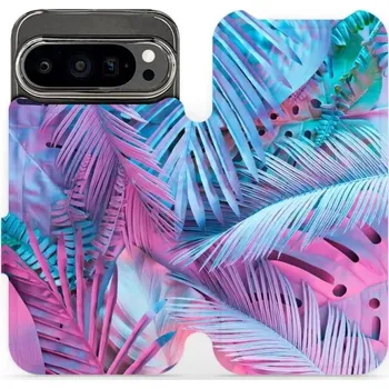 Pouzdro na mobilní telefon Flipové pouzdro Mobiwear - Google Pixel 9 Pro - MG10S Fialové a modré listy (Knížkové flip pouzdro, obal, kryt na mobil Google Pixel 9 Pro - MG10S Fialové a modré listy, materiál Umělá kůže + TPU - ochrana 360°, stojánek, silikonová vanička, magnetické)