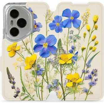 Pouzdro na mobilní telefon Flipové pouzdro Mobiwear - Honor 400 Pro - VP41S Modré a žluté kvítky (Knížkové flip pouzdro, obal, kryt na mobil Honor 400 Pro - VP41S Modré a žluté kvítky, materiál Umělá kůže + TPU - ochrana 360°, stojánek, silikonová vanička, magnetické zavírání)