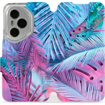 Pouzdro na mobilní telefon Flipové pouzdro Mobiwear - Honor 400 Pro - MG10S Fialové a modré listy (Knížkové flip pouzdro, obal, kryt na mobil Honor 400 Pro - MG10S Fialové a modré listy, materiál Umělá kůže + TPU - ochrana 360°, stojánek, silikonová vanička, magnetické zavírání)