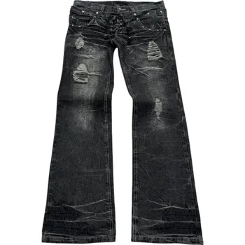 Pánské džíny Černé unisex džíny Gotický šněrovací styl Sepraný vzhled Rozšířené nohavice Cvočky Roztrhané kalhoty po kotníky Pro ženy i muže M