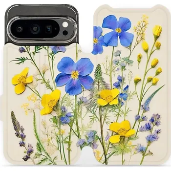 Pouzdro na mobilní telefon Flipové pouzdro Mobiwear - Google Pixel 9 Pro - VP41S Modré a žluté kvítky (Knížkové flip pouzdro, obal, kryt na mobil Google Pixel 9 Pro - VP41S Modré a žluté kvítky, materiál Umělá kůže + TPU - ochrana 360°, stojánek, silikonová vanička, magnetické)