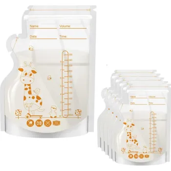 Příslušenství k odsávačce mléka PE sáčky na mateřské mléko 250 ml 10 ks Bez BPA Skladování mléka Nepropustné sáčky s motivem žirafy Kojení Odsávání Uchovávání mléka