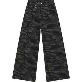 Pánské džíny Maskáčové rovné pánské džíny s kovovým kroužkem Široké dlouhé nohavice Streetwear kalhoty Army styl Ležérní pánské jeansy černá S