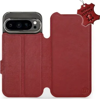 Kožené flip pouzdro Mobiwear - Google Pixel 9 Pro - Tmavě červené (Kožené knížkové pouzdro, obal, kryt na mobil Google Pixel 9 Pro, Tmavě červené, materiál Genuine Leather, ochrana 360°, stojánek, silikonová vanička, magnetické zavírání)