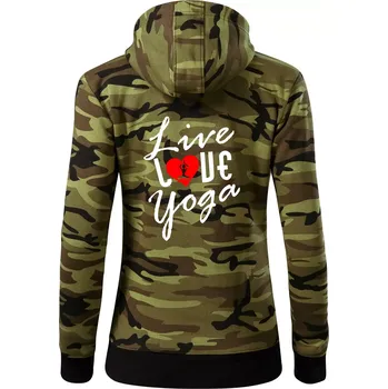Dámská mikina Live Love Yoga - Dámská mikina trendy zipper s kapucí - 2XL ( Zelený maskáč )