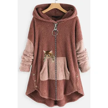 Dámský svetr Pohodlný jarní kardigan s kapucí a kočkou Barva: Růžová, Velikost: 5XL