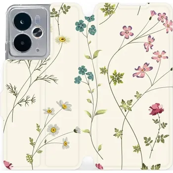 Pouzdro na mobilní telefon Flipové pouzdro Mobiwear - Realme 14 5G - MD03S Tenké rostlinky s květy (Knížkové flip pouzdro, obal, kryt na mobil Realme 14 5G - MD03S Tenké rostlinky s květy, materiál Umělá kůže + TPU - ochrana 360°, stojánek, silikonová vanička, magnetické zavírání)