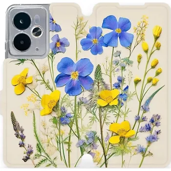 Pouzdro na mobilní telefon Flipové pouzdro Mobiwear - Realme 14T 5G - VP41S Modré a žluté kvítky (Knížkové flip pouzdro, obal, kryt na mobil Realme 14T 5G - VP41S Modré a žluté kvítky, materiál Umělá kůže + TPU - ochrana 360°, stojánek, silikonová vanička, magnetické zavírání)