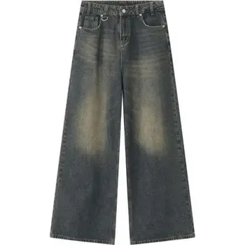 Pánské džíny Pánské rovné džíny s kovovým kroužkem Sepraný vzhled Široké nohavice Dlouhé kalhoty Ležérní streetwear Stylové jeansy tmavě modrá XXS