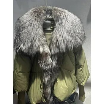 Dámská parka Zimní bunda s kožešinovým límcem – odnímatelný, volný střih Velikost: M, Barva (Varianta): Armygreen silver