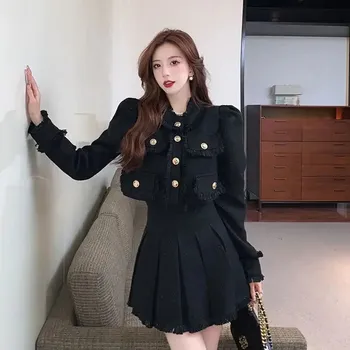 Dvouvrstvý komplet – tvídové šaty + sako, elegantní francouzský styl Velikost: L, Barva (Varianta): Black Coat + short skirt [high quality fabric]]