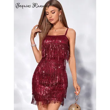 Dámské šaty Sexy krátké šaty Sequins SQ664 Barva: Vínová, Velikost: L