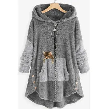 Dámský svetr Pohodlný jarní kardigan s kapucí a kočkou Barva: Šedá, Velikost: 3XL