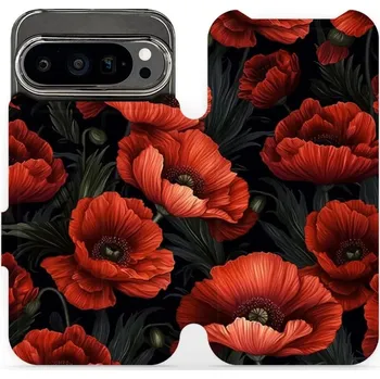 Pouzdro na mobilní telefon Flipové pouzdro Mobiwear - Google Pixel 9 Pro - VP45S Temné červené květy (Knížkové flip pouzdro, obal, kryt na mobil Google Pixel 9 Pro - VP45S Temné červené květy, materiál Umělá kůže + TPU - ochrana 360°, stojánek, silikonová vanička, magnetické zavírá