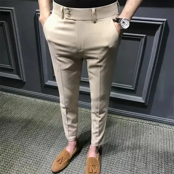 Pánské kalhoty Pánské elegantní kalhoty s úzkým střihem ve stylu slim fit Barva: Khaki, Velikost: 28