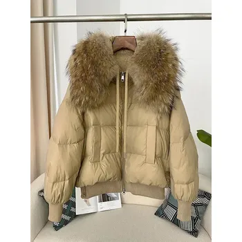 Dámská parka Dlouhá péřová bunda s kapucí a kožešinovým límcem Velikost: M, Barva (Varianta): full camel