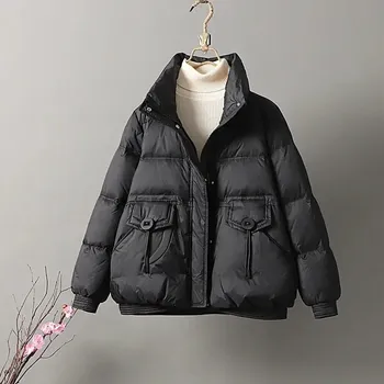 Dámská parka zimní péřová bunda – se stojáčkem a zipem Barva: Černá, Velikost: S