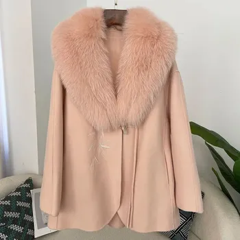 Dámský kabát Vlněný kabát s pravým kožešinovým límcem Barva: Růžová, Velikost: L