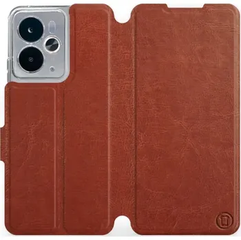 Pouzdro na mobilní telefon Flipové pouzdro Mobiwear - Realme 14T 5G - Hnědé a oranžové (Knížkové flip pouzdro, obal, kryt na mobil Realme 14T 5G - Hnědé a oranžové, materiál Umělá kůže + TPU - ochrana 360°, stojánek, silikonová vanička, magnetické zavírání)