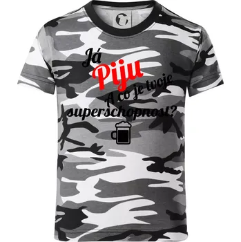 Já piju - tvoje superschopnost? šikmý nápis - Dětské maskáčové triko - 134 cm/8 let ( Šedý maskáč )