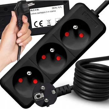 Napájecí kabel PRODLUŽOVACÍ KABEL ZÁSUVKOVÁ LIŠTA 3 ZÁSUVKY 16A UZEMNĚNÍ 230V 3M ČERNÁ
