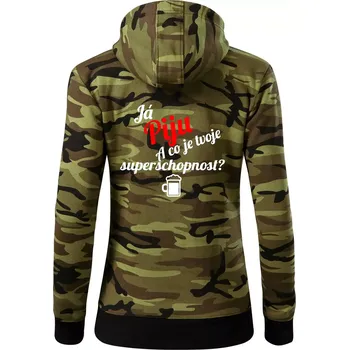 Dámská mikina Já piju - tvoje superschopnost? šikmý nápis - Dámská mikina trendy zipper s kapucí - 2XL ( Zelený maskáč )