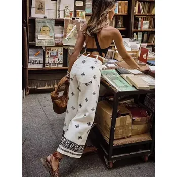 Dámské kalhoty volné lněné kalhoty ve vintage stylu s výšivkou Barva: Bílá, Velikost: L