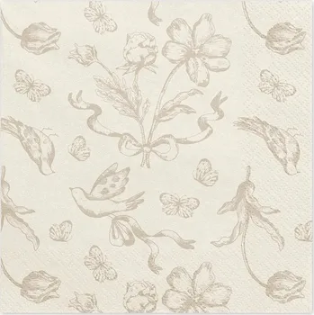 Papírový ubrousek PartyDeco Ubrousky papírové béžové s kytkami 33x33 cm 12 ks