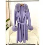 Luxusní vlněný dámský kabát s kožíškem z lišky Barva: Levandulová, Velikost: M