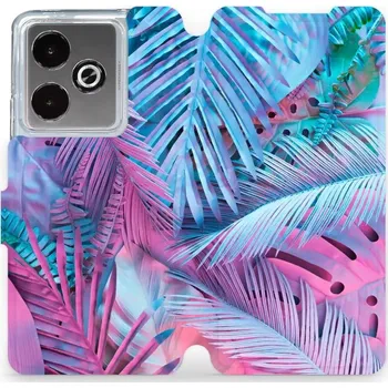 Pouzdro na mobilní telefon Flipové pouzdro Mobiwear - Realme GT 7T - MG10S Fialové a modré listy (Knížkové flip pouzdro, obal, kryt na mobil Realme GT 7T - MG10S Fialové a modré listy, materiál Umělá kůže + TPU - ochrana 360°, stojánek, silikonová vanička, magnetické zavírání)