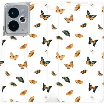 Pouzdro na mobilní telefon Flipové pouzdro Mobiwear - Realme 14 5G - VP77S Oranžoví motýlci (Knížkové flip pouzdro, obal, kryt na mobil Realme 14 5G - VP77S Oranžoví motýlci, materiál Umělá kůže + TPU - ochrana 360°, stojánek, silikonová vanička, magnetické zavírání)