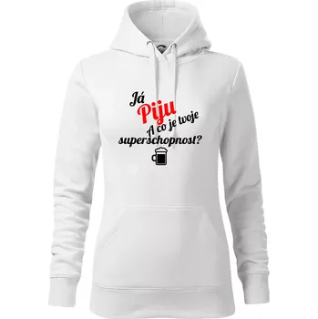 Dámská mikina Já piju - tvoje superschopnost? šikmý nápis - Mikina dámská Cape s kapucí - XS ( Bílá )