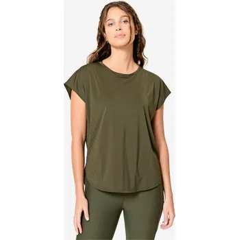 Pánské tričko DOMYOS Dámské fitness tričko volné prodyšné M KAŠTANOVÁ|ZELENÁ