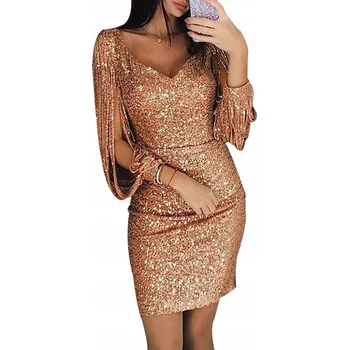 Dámské šaty Elegantní zlaté flitrované šaty s třásněmi L