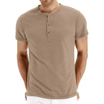 Pánské tričko s knoflíky a kulatým výstřihem Barva: Khaki, Velikost: 3XL