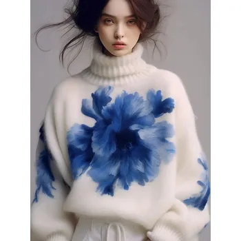 Zimní rolákový svetr s květinovým vzorem – jemný úplet Barva: Barevná, Velikost: L