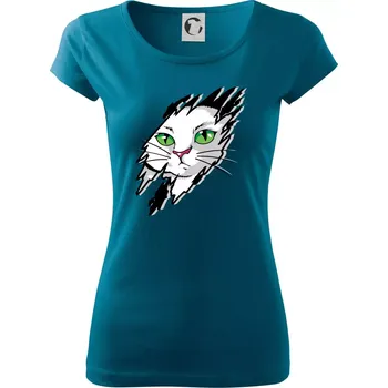 Dámské tričko Kočka v roztrženém triku - Dámské triko Pure - L ( Petrolejová )