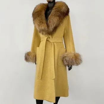 Dámský kabát Best Fashion Zimní kabát s límcem z lišky – vlněný, elegantní střih Žlutá M