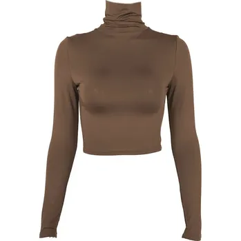 Dámské tričko Dámské tričko s dlouhým rukávem – slim střih, crop top Barva: Kávová, Velikost: M