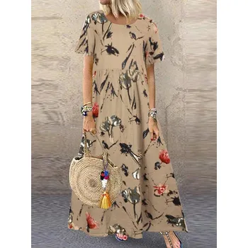 Dámské šaty Maxi šaty s vintage potiskem – volný prázdninový střih Velikost: 4XL, Barva (Varianta): A1 Beige CottonRayon