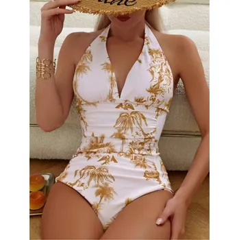 Dámské plavky Dámské plavky jednodílné s potiskem palem Barva: zázvorově žlutá, Velikost: XXL